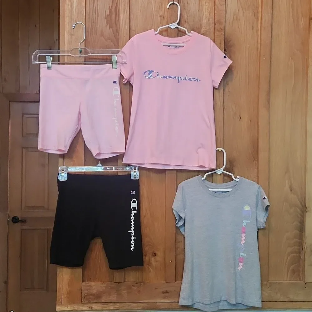 Champion 2 T-Shirts & Biker Shorts Athletic Outfits, Medium, Pink, Grey, & Black
